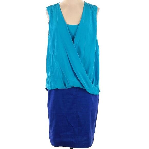 Suzi Chin Maggy Boutique 100% Silk Blue Color Blocked Draped Sleeveless Dress 8 - Picture 1 of 11